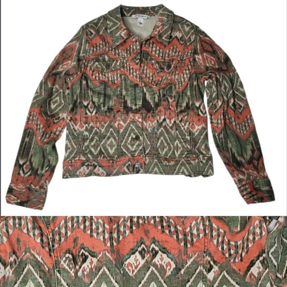 SOUTHWESTERN TWILL GREEN CORAL BUTTON FRONT JACKET JONES NEW YORK  M MEDIUM - Picture 1 of 15